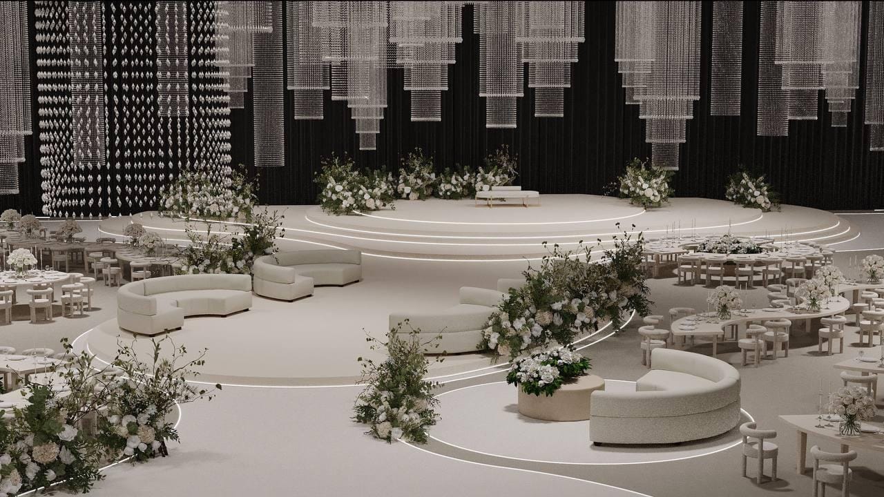 Design render of a monochrome stage with curved platforms and floral clusters by RAW Group